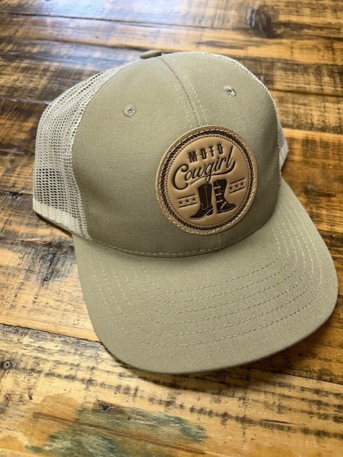 Cowgirl Trucker Hat, Leather Patch with Cowgirl & Motocross Boot