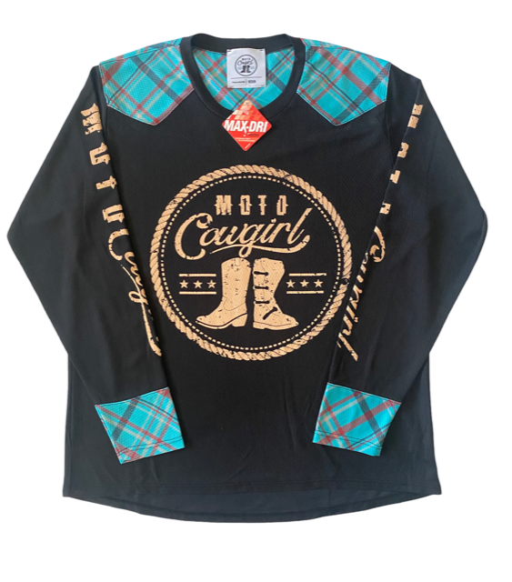 women's western motocross jersey with plaid cowgirl boot graphic and SPF30 sun protection